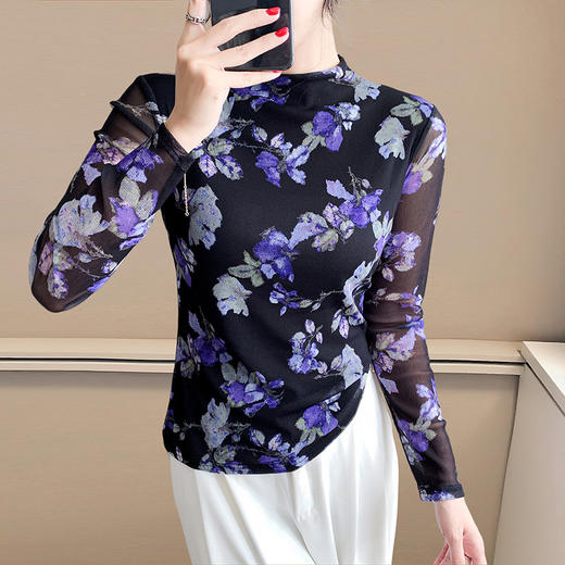 KQL A55F8701时尚洋气长袖半高领网纱t恤 商品图2