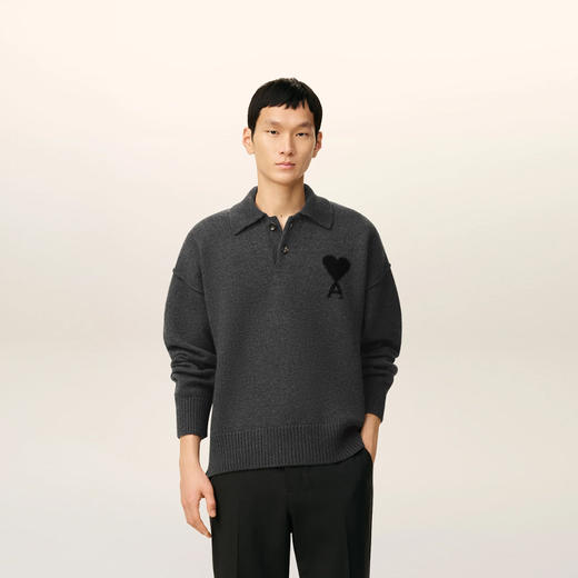 AMI 男女同款心形徽标刺绣嵌花羊毛长袖针织polo衫 深灰色 UPL409 018 0504 商品图1