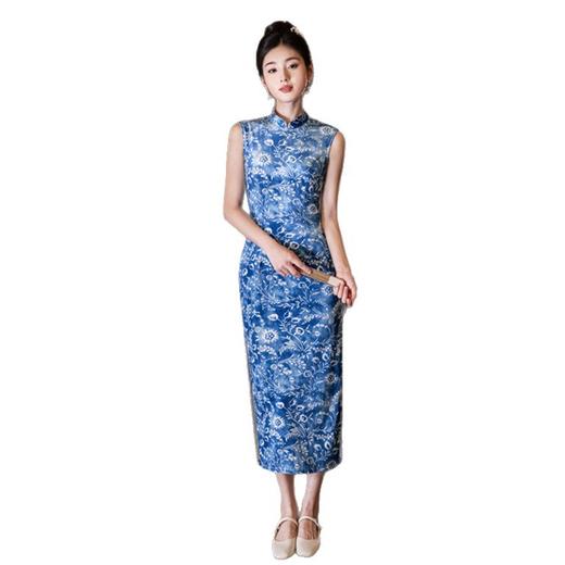 SKY 375096时尚印花无袖改良新中式丝绒日常旗袍 商品图4