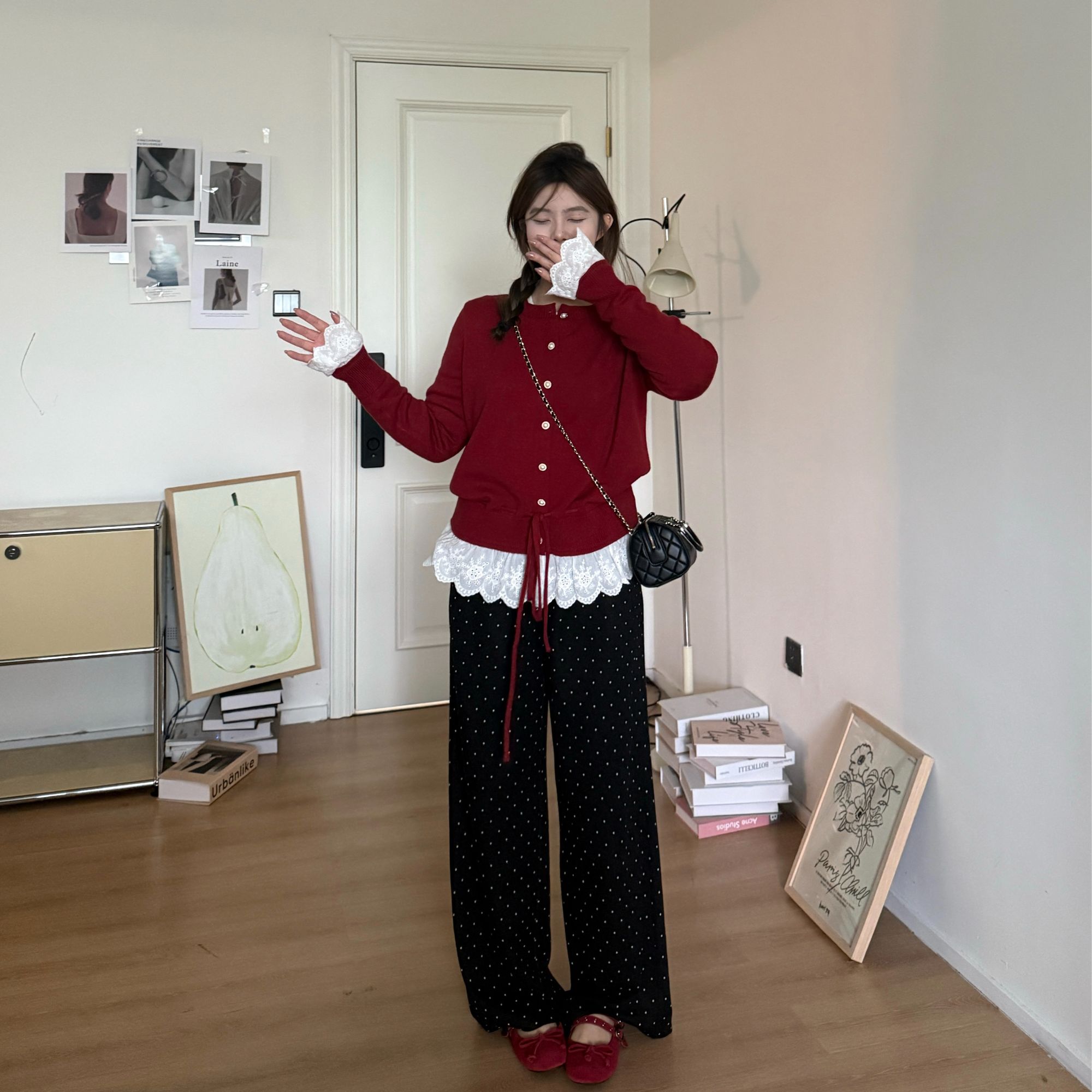 25AW上新【现货折上95折】 软软同款【琉璃之梦】法式温柔风抽绳下摆拼接蕾丝边针织开衫