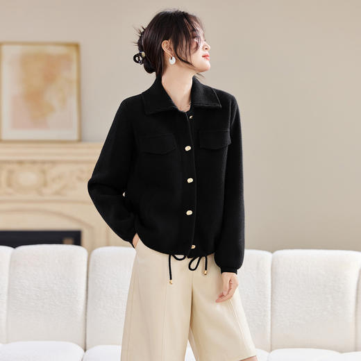 SC54-6955-1982025秋冬新款休闲翻领毛呢短外套针织开衫宽松遮肚子上衣纯色女装 商品图1