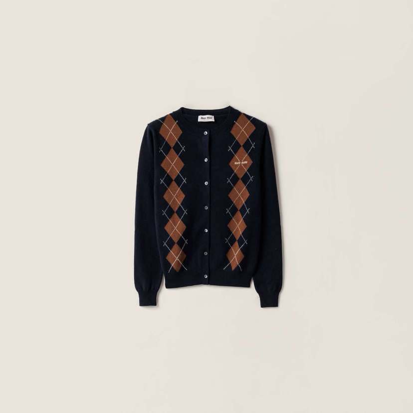 MIU-S 藏蓝菱格纹羊绒开衫.