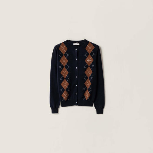 MIU-S 藏蓝菱格纹羊绒开衫. 商品图0