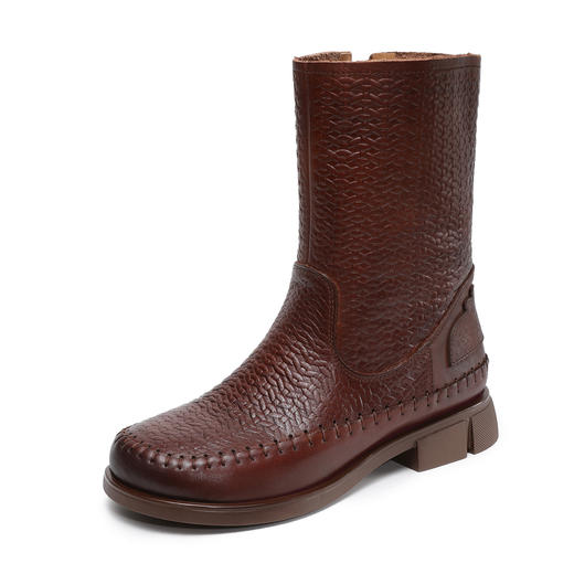 ZM 258679复古真皮压花缝制平跟软底骑士靴中筒靴 商品图4