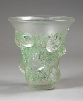 独角鹿西洋古董1930年法国顶级水晶工坊莱俪LALIQUE设计出品「Saint François 圣方济各」主题绿色欧泊水晶花瓶