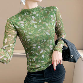 KQL A55F8600时尚纱网印花长袖半高领修身显瘦洋气T恤