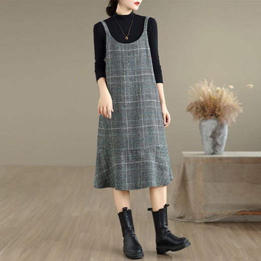 GYH 9240千鸟格毛呢裙显瘦大码中长款马甲连衣裙 商品图0