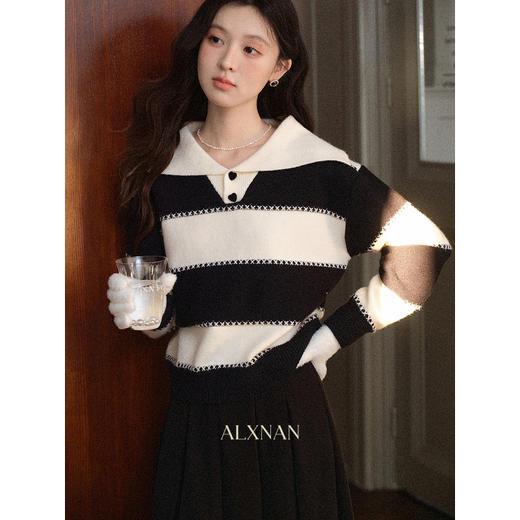 鹿向南「晚冬回信」慵懒风黑白条纹翻领针织毛衣女秋宽松显瘦上衣 商品图2