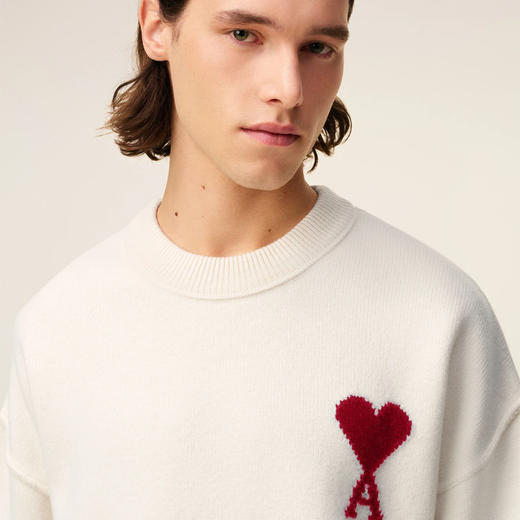 AMI 男女同款心形徽标刺绣嵌花羊毛针织衫 米色 UKS838 018 154 商品图3