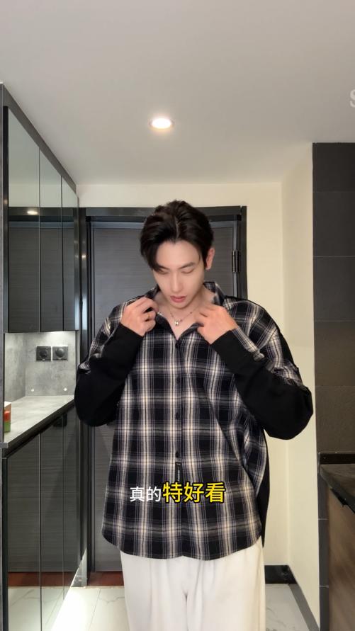 M5255SDSA秋冬新款痞帅男装美式拼接撞色格纹翻领长袖衬衫字母印花百搭 商品图0