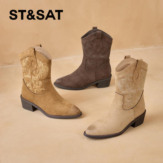 星期六复古花纹刺绣西部牛仔靴SSD4116CKH 商品图2