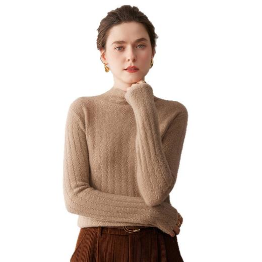 「高货QJ」全新升级【铂金会员404/天猫539/差价135】(92115)洛诗琳半高领树叶纹提花羊绒衫2025秋冬新款修身显瘦毛衣 商品图4