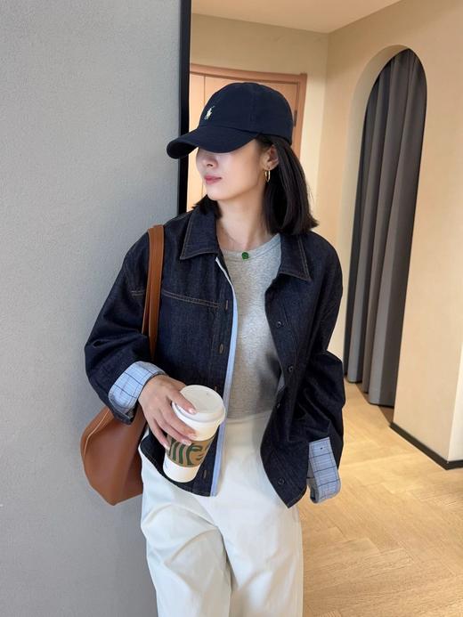 假日单宁 莱赛尔+棉复古蓝拼接格纹牛仔衬衫 商品图0