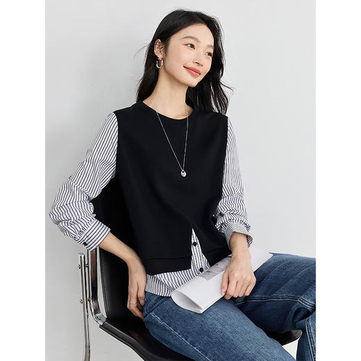 【年终特卖】熙世界时髦假两件条纹长袖卫衣女设计感休闲拼接上衣2025春秋新款 商品图4