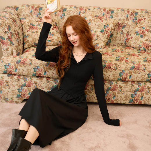 三彩2025冬季新款立领长袖收腰拼接连衣裙A字裙长裙内搭气质简约S 商品图3