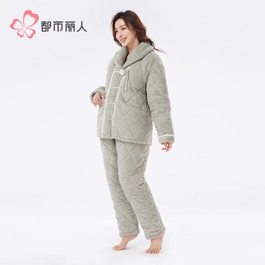 都市丽人兔毛绒烂花夹棉女士家居服长袖长裤加厚夹棉套装LHH1P1 商品图2