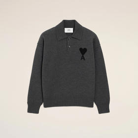 AMI 男女同款心形徽标刺绣嵌花羊毛长袖针织polo衫 深灰色 UPL409 018 0504
