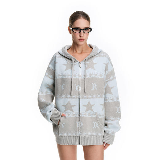 FDR官方店 星星提花毛衣开衫外套女2025新款秋冬连帽情侣针织衫男 商品图0