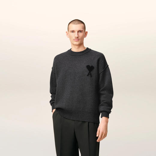 AMI 男女同款心形徽标刺绣嵌花羊毛针织衫 深灰色 UKS838 018 0504 商品图1