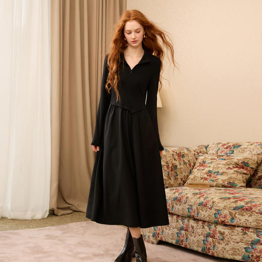 三彩2025冬季新款立领长袖收腰拼接连衣裙A字裙长裙内搭气质简约S 商品图2