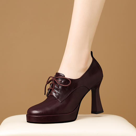 【预售5天】真皮圆头深口粗跟单鞋，时尚系带时装女鞋子HY&H3736 商品图1