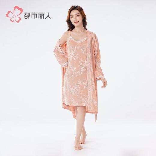 都市丽人睡衣丝绒压花睡衣女士家居服吊带裙外袍丝绒两件套LHH4A7 商品图3