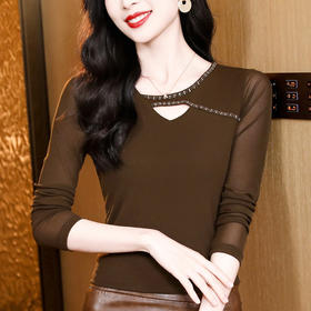 洋气百搭钉珠纯色长袖网纱打底衫，修身显瘦T恤K-E37M2839