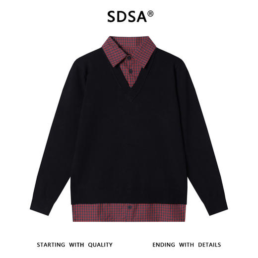 51165SDSA秋冬新款痞帅男装韩版拼接撞色假两件针织毛衣复古翻领上衣 商品图1