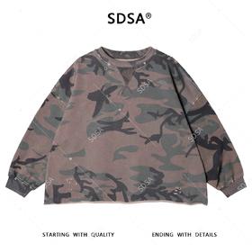 SDSA男士秋冬新款痞帅男装复古迷彩磨破圆领卫衣百搭宽松潮流上衣