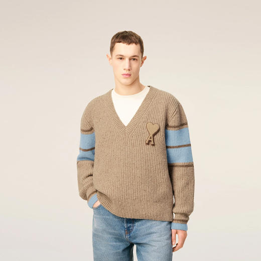 AMI 男女同款心形徽标补丁刺绣混纺羊毛针织衫 驼色 UKS823 KN0111 280 商品图1