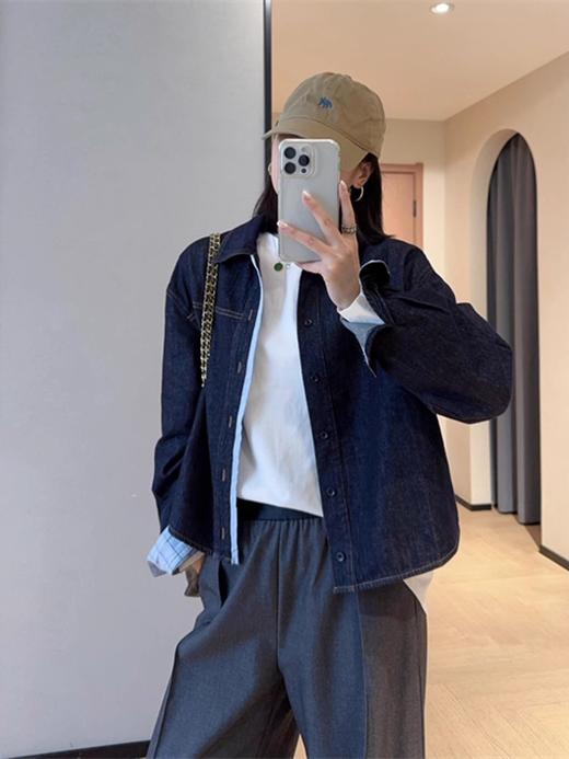 假日单宁 莱赛尔+棉复古蓝拼接格纹牛仔衬衫 商品图4