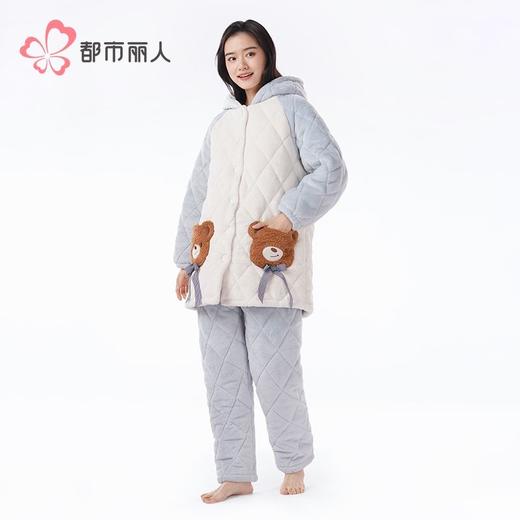 都市丽人法兰绒夹棉睡衣女士家居服长袖长裤加厚夹棉套装LHH0C7 商品图1