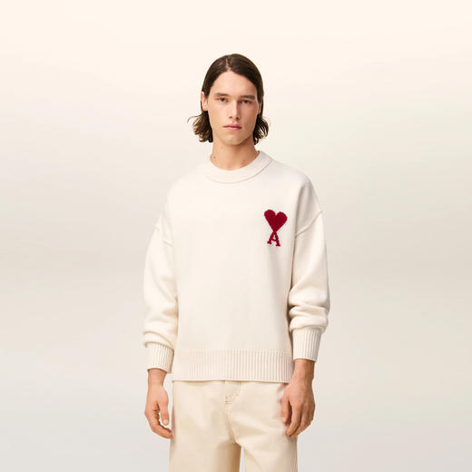 AMI 男女同款心形徽标刺绣嵌花羊毛针织衫 米色 UKS838 018 154 商品图1