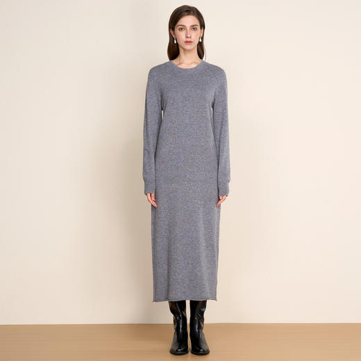 EITIE爱特爱高级感灰色长款裙摆卷边设计时尚简约含羊毛针织长裙8001707 商品图1