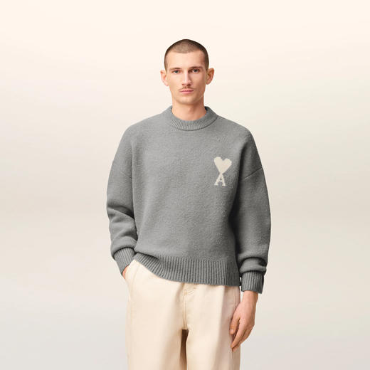 AMI 男女同款心形徽标嵌花混纺羊毛针织衫 灰色 UKS836 KN0135 058 商品图1