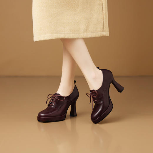 【预售5天】真皮圆头深口粗跟单鞋，时尚系带时装女鞋子HY&H3736 商品图0
