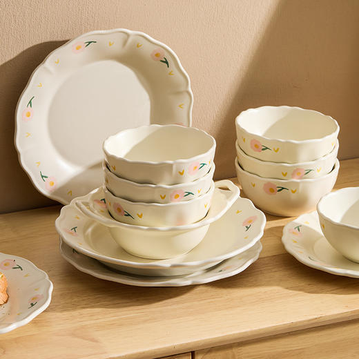 【景德镇精选陶瓷餐具】芍药花边陶瓷餐具套装碗盘家用2025新款厨房碗碟盘子吃饭碗高颜值 商品图2