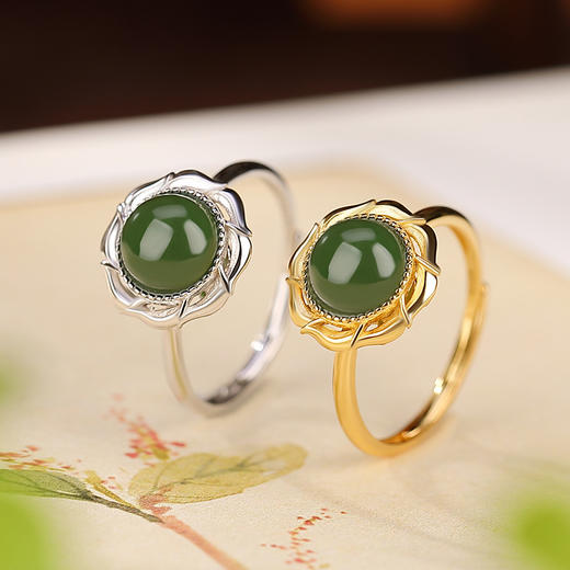 S925纯银镀金和田玉碧玉玫瑰圆珠戒指CW 商品图0