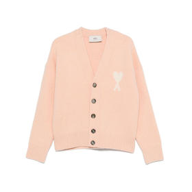 AMI 男女同款心形徽标刺绣嵌花混纺羊毛针织开衫 粉色 UKC365 KN0135 6807