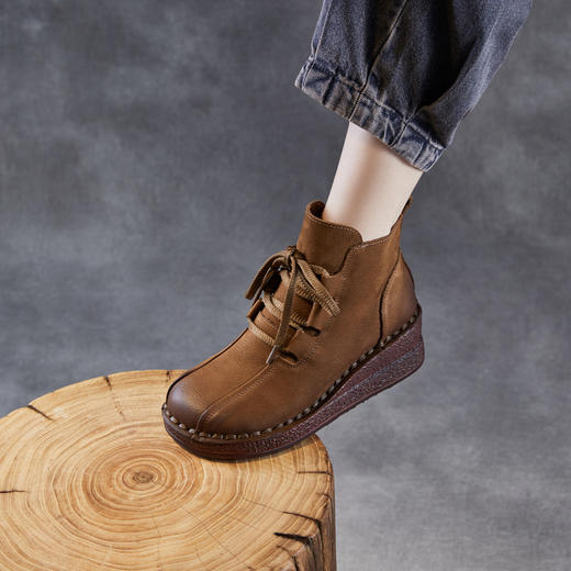 ZM 258680复古真皮圆头短靴坡跟软底妈妈鞋增高 商品图1