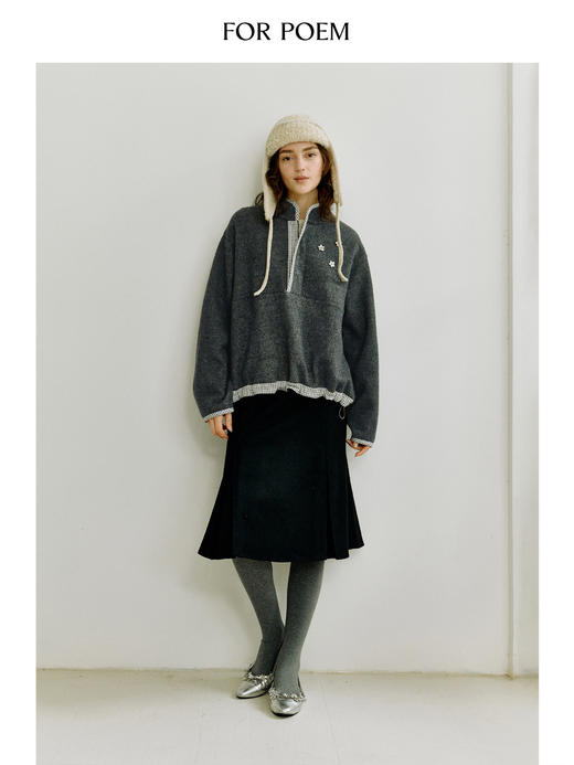 ForPoem 现货 25/FW原创设计针织羊毛格纹拼色宽松慵懒立领卫衣 商品图3