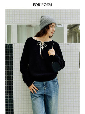ForPoem 现货 25/FW原创设计感撞色刺绣边小V领绑带百搭针织衫上衣