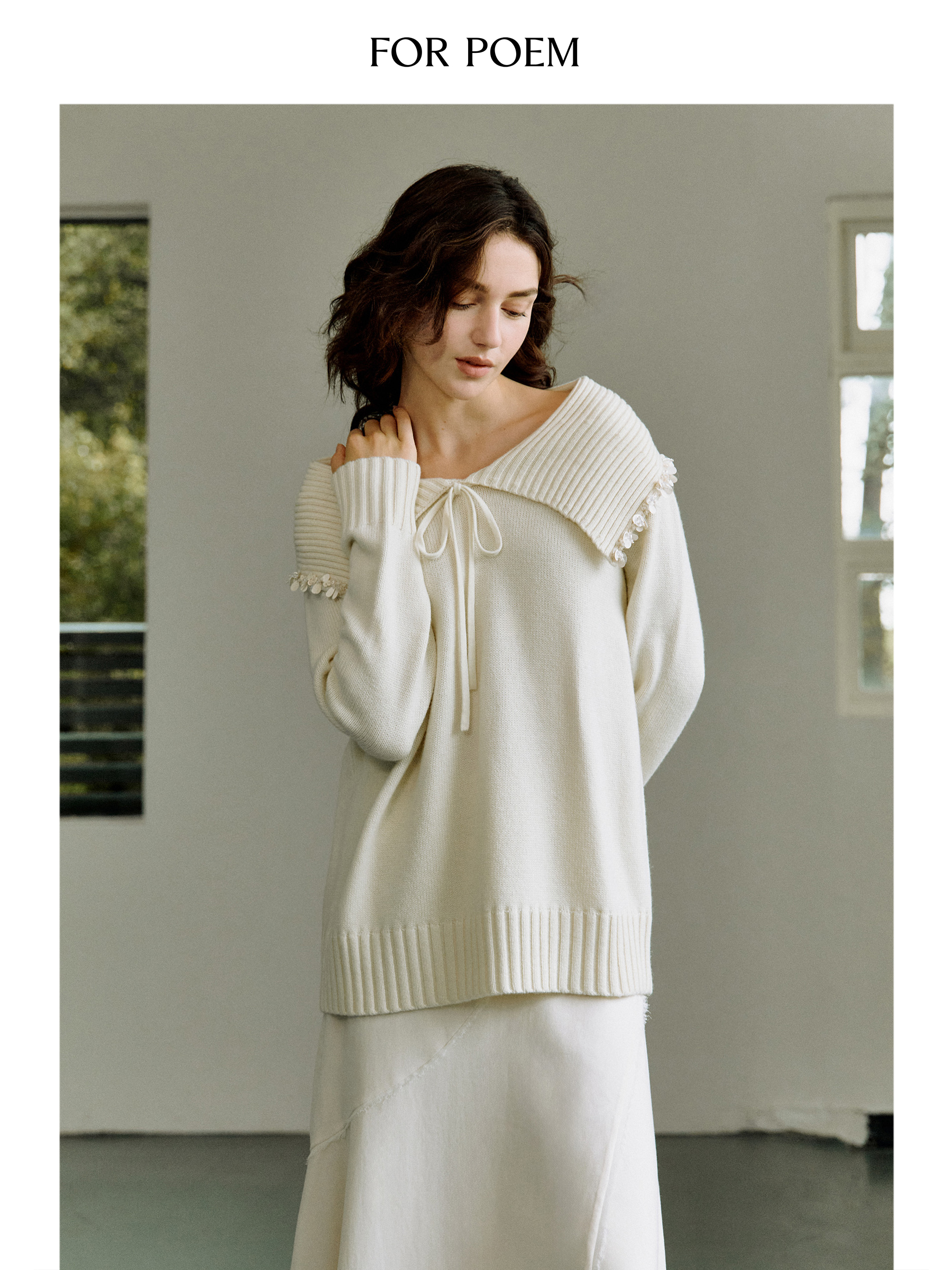 ForPoem 现货 25/FW原创设计前后两穿亮片大翻领一字肩羊毛针织衫