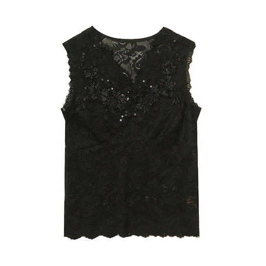 KQLA55F8861V领蕾丝背心女2025春夏新款时尚修身重工钉珠打底衫无袖内搭上衣 商品图4