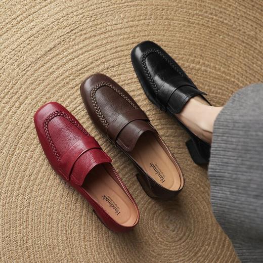 【预售5天】5cm复古风方头低跟浅口单鞋女真皮秋季中跟一脚蹬红色小皮鞋LD&7437 商品图2