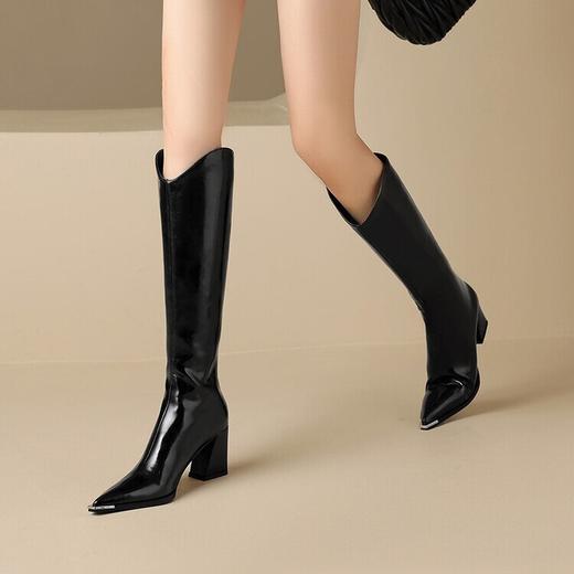 【预售7天】气质百搭V口显瘦尖头粗跟长靴女不过膝棕色高跟高筒靴KLLN&kl2868 商品图3