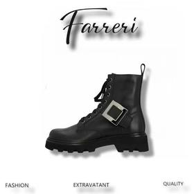 R家罗杰维维亚秋冬新款女靴 方扣中筒靴厚底英伦风马丁靴