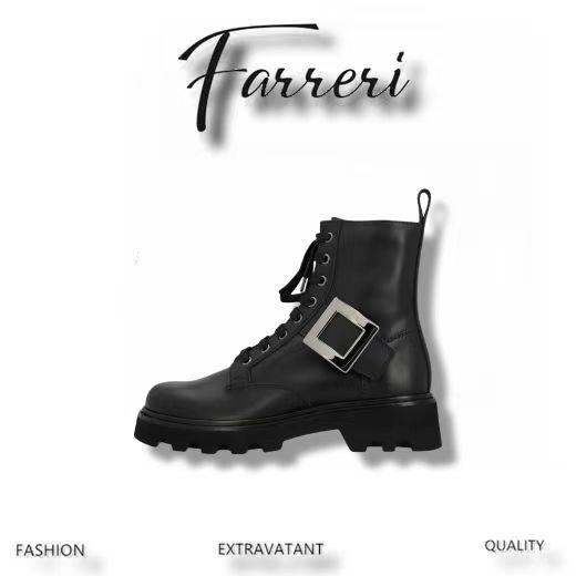 R家罗杰维维亚秋冬新款女靴 方扣中筒靴厚底英伦风马丁靴 商品图0