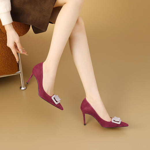 【预售7天】真皮高跟鞋女秋新款法式配裙子细跟水钻尖头浅口宴会气质单鞋CX&B0815 商品图2