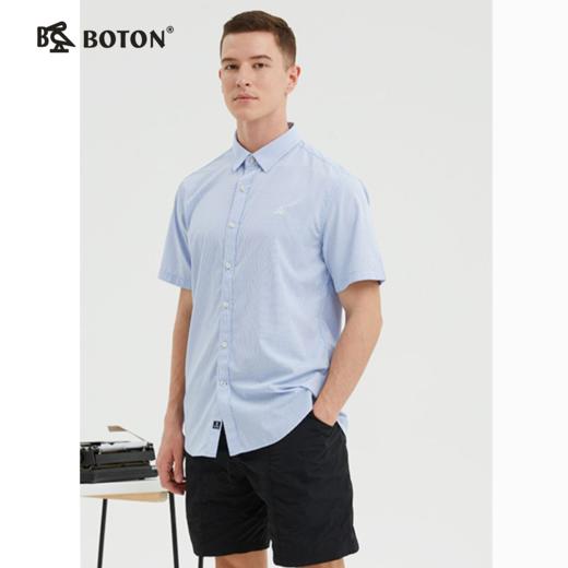 波顿夏季薄款短袖蓝白色格子衬衫男半袖修身百搭衬衣青年MS881222 商品图0
